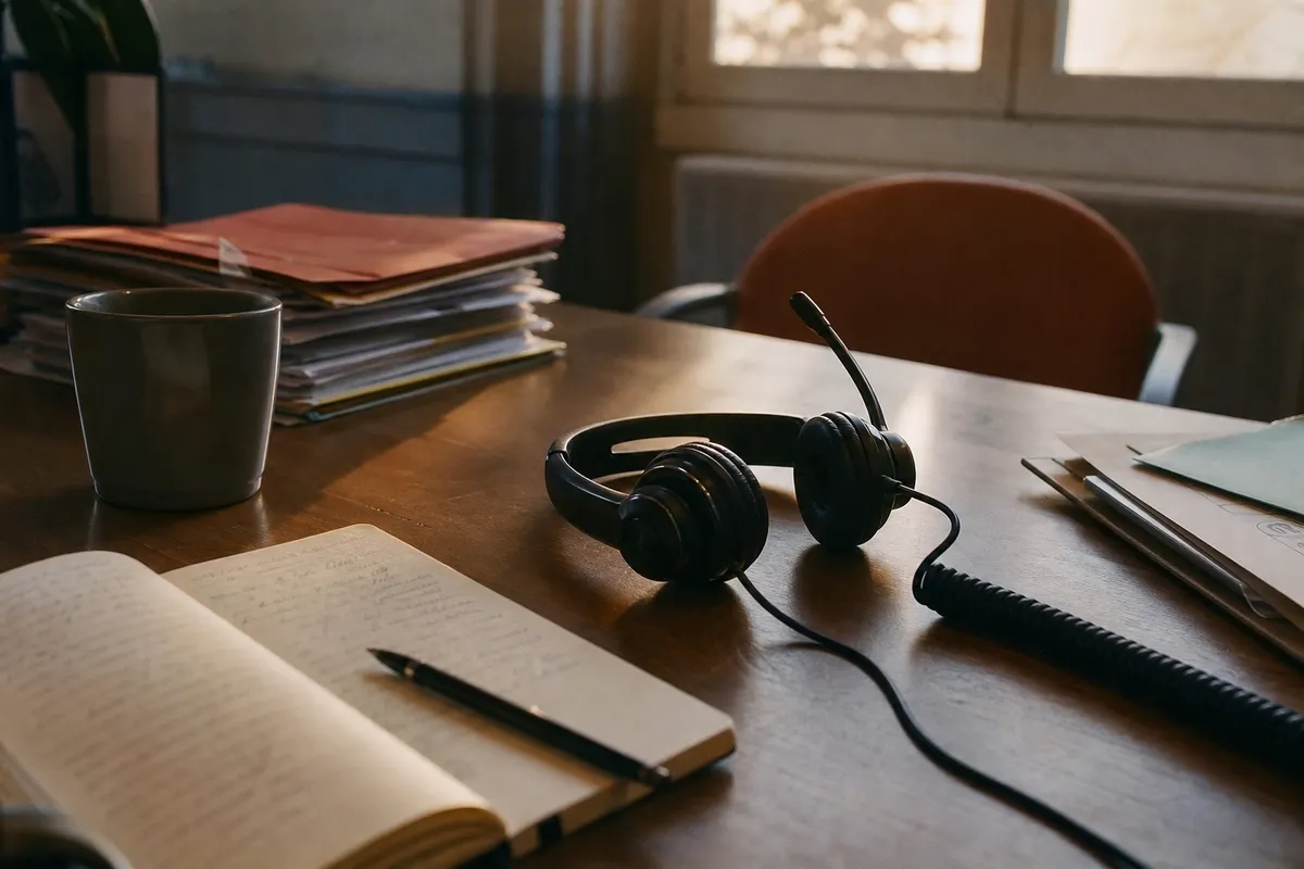 Casque téléphonique professionnel posé sur un bureau de travail