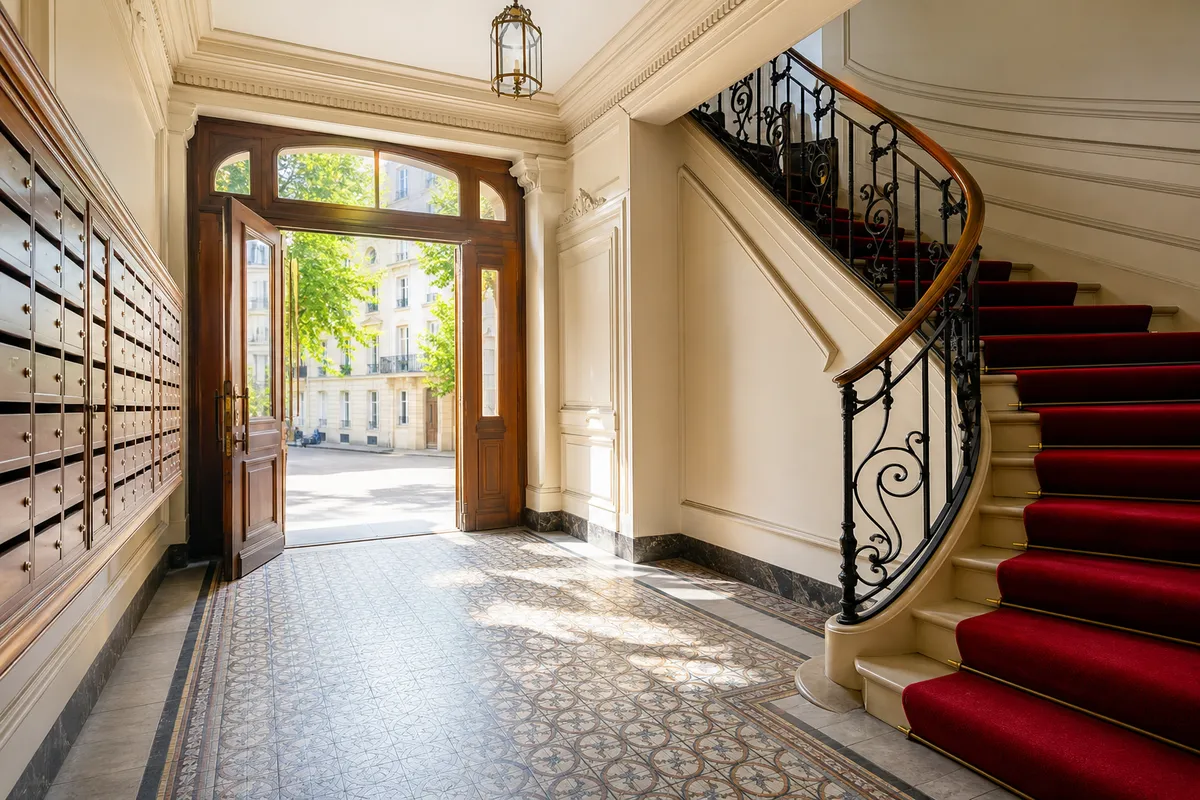 Hall d'entrée d'un immeuble en copropriété, boîtes aux lettres et escalier