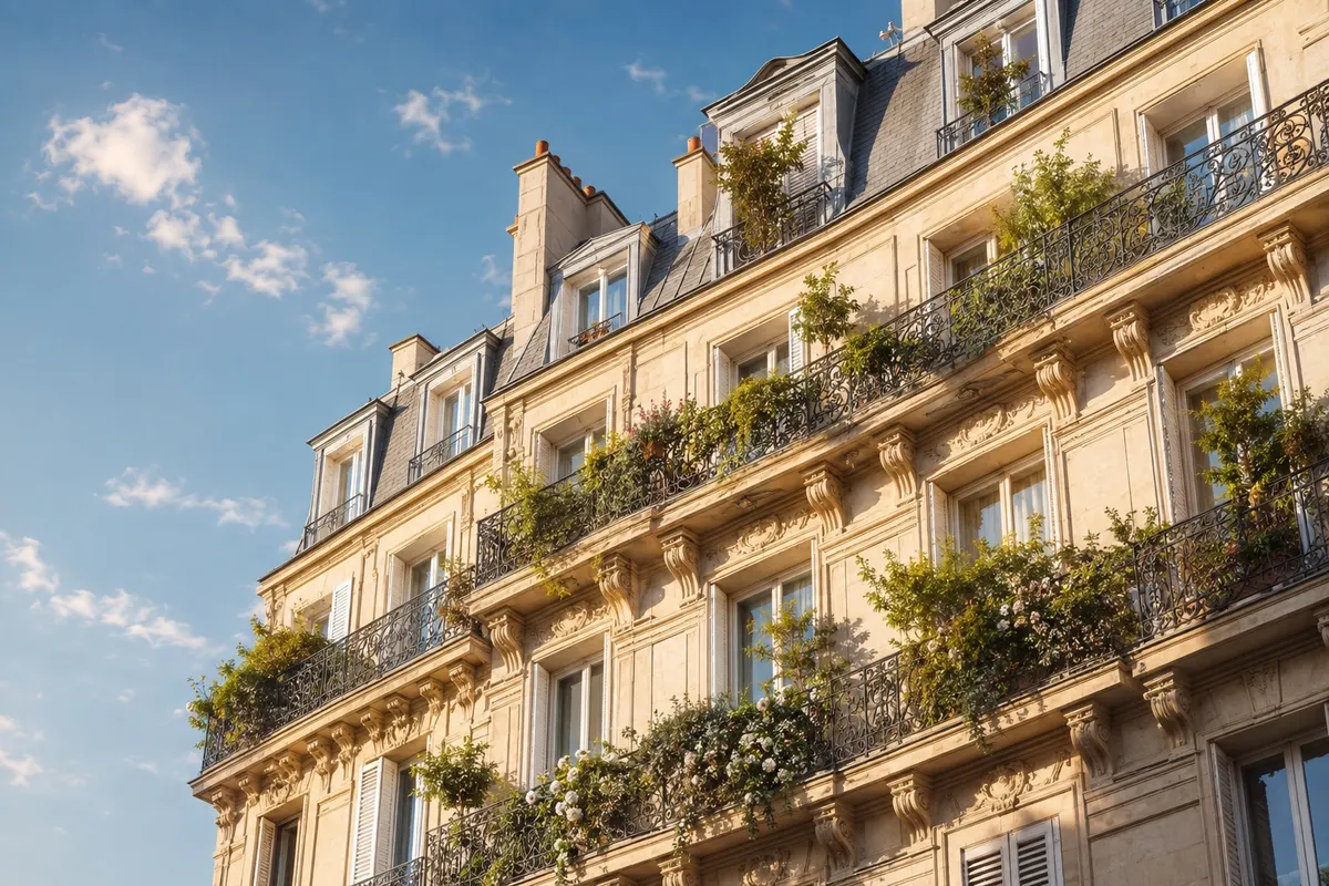 Façade haussmannienne fleurie sous un ciel bleu